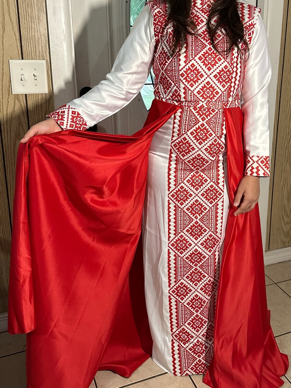 Red and White Embroidered Maxi Dress